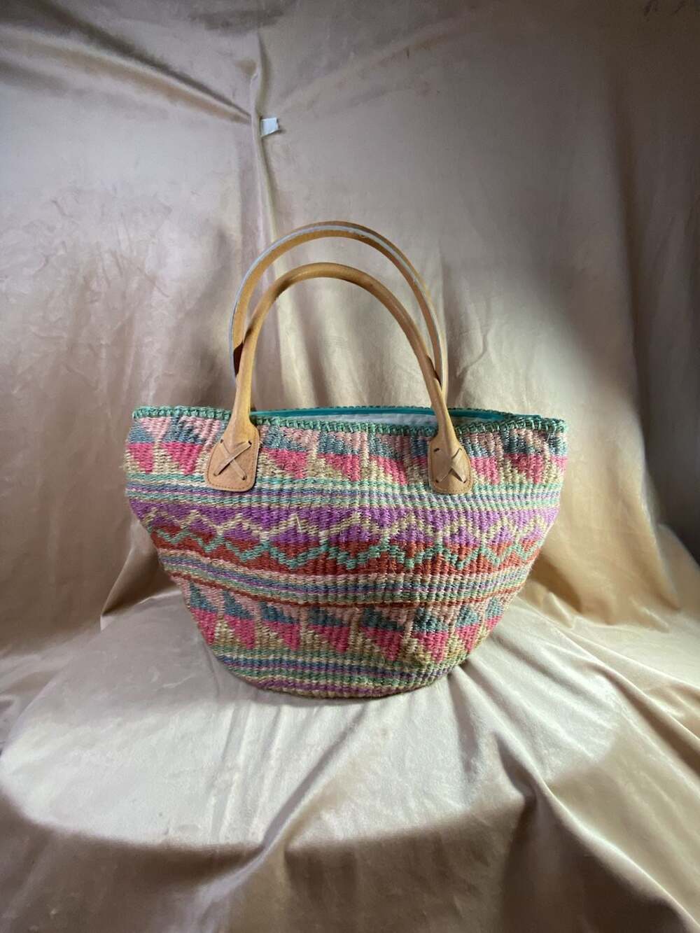 Vintage Cappelli Straworld Woven Sisal Market Tote Bag with Leather Handles